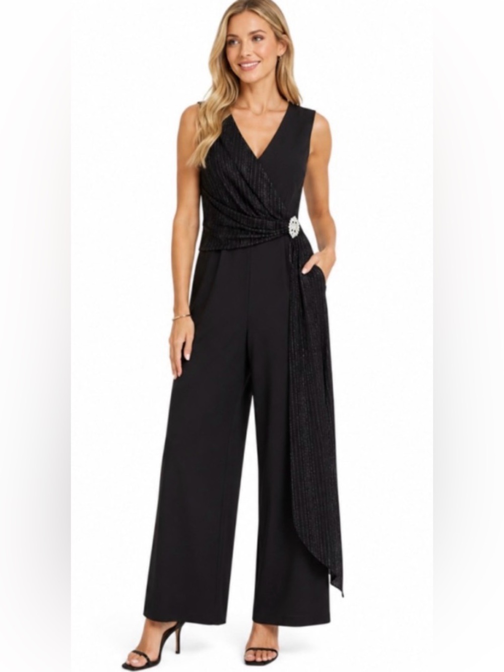 Alexa B Black Silver Petite Jumpsuit 6P NWT